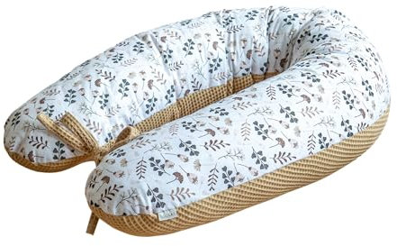 LOOLAY Schwangerschaftskissen - Stillkissen 190 cm - Seitenschläferkissen 100% Baumwolle - mit Abnehmbarem Bezug - Ergonomisches Schwanger Kissen für Schlafen (Taupe Waffel/Braun Wiese)