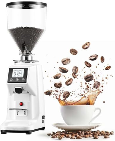 Moulin à Café éLectrique, Meule Plate En Acier Inoxydable, 19 RéGlages Et Minuterie NuméRique, Moulin à Expresso Professionnel, Moulins à Café Coniques éLectriques,White-500G