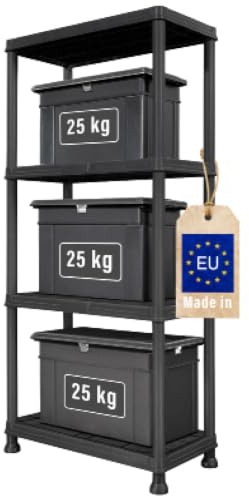 FIXKRAFT Steckregal Kunststoff Keller Regal 60cm Breit für Abstellraum & Vorratsregal Küche 100kg Last Kunststoffregal zum Stecken 4 Böden Kellerregal Schmal in Schwarz (1, 4 Böden)