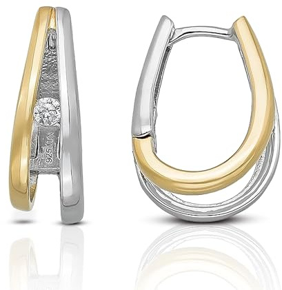 CASSINI Bicolor Ohrringe Silber 925 – Silber-Goldene Creolen Silber 925 Mittelgroß mit Zirkonia aus Sterling Silber, Rhodiniert mit Scharnier, Ohrringe Allergiefrei, ca. 13mm, Nickelfreier – 3CAL