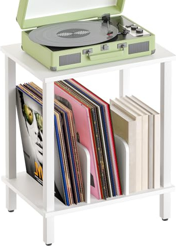 HOOBRO Plattenspieler Ständer, 2 Ebenen Schallplatten Regal, Beistelltisch, Plattenregal mit Trennwänden, Aufbewahrung von Schallplatten, bis zu 100 Alben, für Wohnzimmer, Weiß EWT05RS01