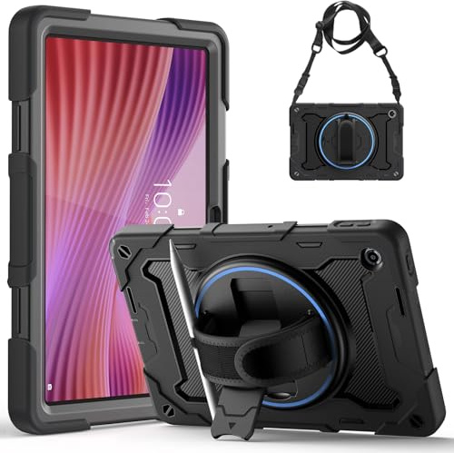 Gerutek Cover per Lenovo Tab 10.1 Pollici 2025, Nero | Custodia Robusta Antiurto con Supporto Girevole a 360°, Cinghia per Mano/Spalla, Portapenne, TB-311FU/TB-311XU