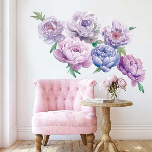 SHUCHING Pegatinas de Pared Peonías Púrpuras Grandes | Vinilo Adhesivo Pared Decorativos Flores para Puerta Salón Dormitorio