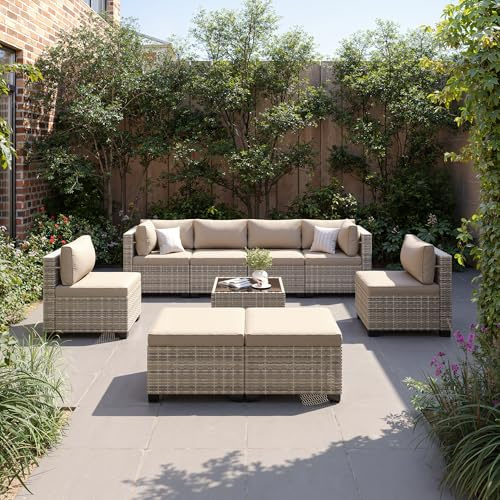 Sweecci 9-Piece Patio Furniture Set, Outdoor with Ottomans, Modular Patio Sofa, Dual-Strand Wicker Rattan, Rust-Resistant Frame, Backyard Furniture for Garden, Deck, Sand