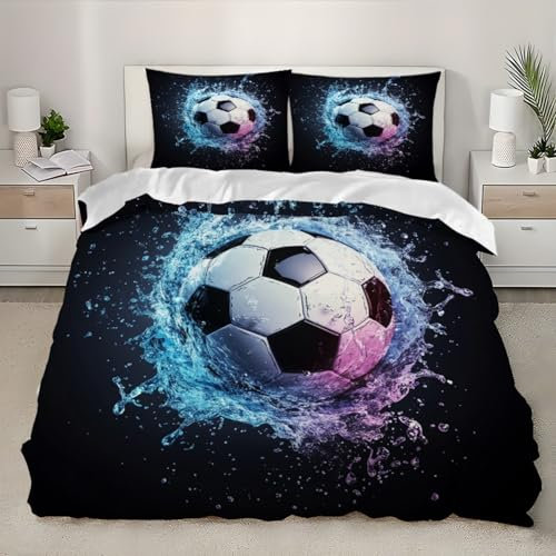 Copripiumino da 3D Biancheria da Letto Tema Di Calcio 3 Pezzi Microfibra con Cerniera Nero Copripiumino Morbido e Confortevole Per Bambini e Adulti 240x220cm
