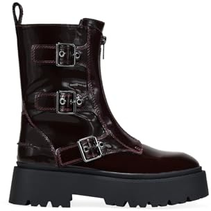 BOSANOVA Botas Militares para Mujer Efecto Charol con Hebillas metálicas Decorativas y Cremallera Central. Cierre con Cremallera Interior. Calzado para Mujer Burdeos 39