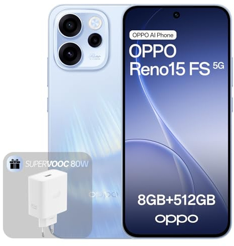 OPPO Reno15 FS 5G Téléphone Débloqué, 8+512Go, Appareil Photo Ultra Grand Angle 50MP FOV 100°, Écran 6.57 120Hz, AI Portrait Glow, Batterie 6500mAh, IP69, Aurora Blue (Chargeur 80W SUPERVOOC Inclus)