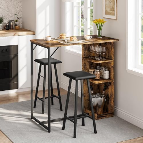 RBFGYIOP Set Tavolo Bar con 2 Sgabelli in PU, Tavolo Alto con Portabicchieri Vino e Ripiani, Penisola Cucina con Sgabelli Stile Industriale, Tavolo da Bar per Cucina, Soggiorno e Bistro, Colore retrò