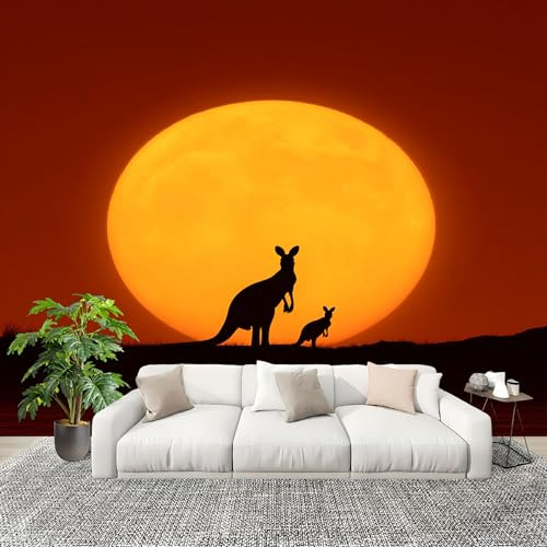 Geant Papier Peint Poster 200x140 cm CréPuscule Silhouette De Kangourou Décoration murale intérieure Jaune Papier Peint Intissé Chambre Enfant pour Salle de Bain, Salon et Cuisine