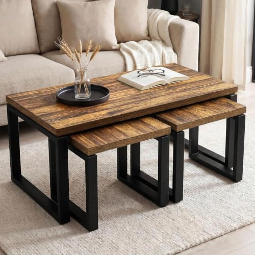 Blisswood Modern Industrial Coffee Table 3 Piece Set, Nesting Living Room End Tables with Heavy-Duty Metal Frame, Thick Wood Top & Space Saving Slide Under Design for Home Office Furniture, Rustic Oak