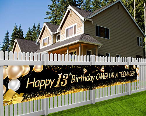 HOWAF Lange Banner für 13. Geburtstag Deko Jungen Mädchen, Stoff Banner für Teenager 13. Geburtstag Dekoration für Garten Tisch Mauer Hintergrund Deko Poster, 9 x 1.2 Fuß, Schwarz und Gold