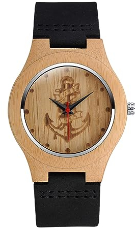 MicLee Montre à Quartz en Bois de Bambou pour Homme et Femme - Motif Ancre, Bracelet en Cuir, Cadran en Bois - Montre Décontractée Décorative