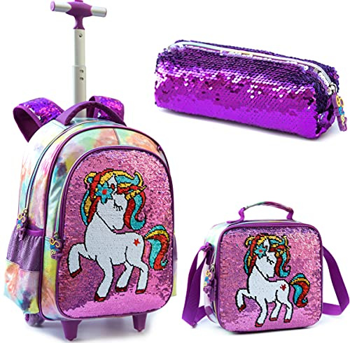 Egchescebo Sac à Dos a Roulette Pour Enfant Fille D'école Licorne Scolaires Cartables et Trousses Grande Capacité avec Cartable Ecole Primaire Chariot pour Cartable de Voyage Valise 17 3PCS Violet