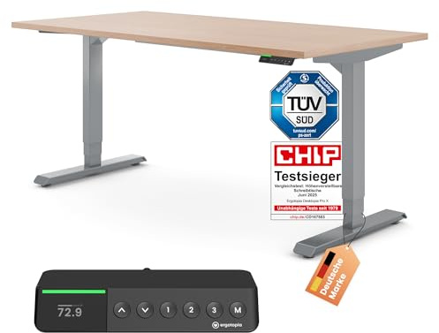 Ergotopia Desktopia Pro X Elektrisch höhenverstellbarer Schreibtisch, Ergonomischer Stehtisch für Büro oder Home Office (Buche, Gestell Grau, 160 x 80 cm)