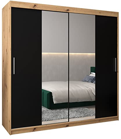 MEBLE KRYSPOL Kleiderschrank mit Spiegel Tokyo 1 - Garderobenschrank - Schrank Schlafzimmer - Mehrzweckschrank Zwei Schiebetüren - Regalen - Flur Möbel - Kleiderstange Schrank - Allzweckschrank