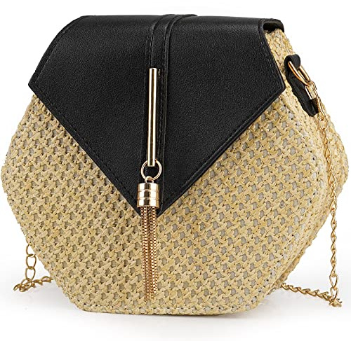 KharmLaddy Straw Shoulder Bag for Women Tassel Clutch Purse Chain Crossbody Purses for Summer Beach Vacation Black