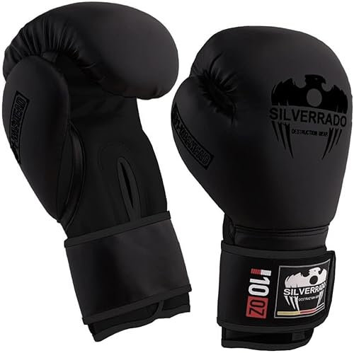 SILVER RADO® Gants de Boxe pour entraînement Professionnel des Arts Martiaux Muay Thai Kickboxing MMA Sparring Frapper Cuir Boxsport Hommes Femmes 8 10 12 14 16 oz (Noir, 12 oz)