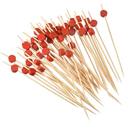 uxcell Palillos de dientes de cóctel, 4.75 pulgadas, color rojo bambú, plano, redondo, largo, decorativo, para cóctel, bebidas, aperitivos, frutas, 100 unidades