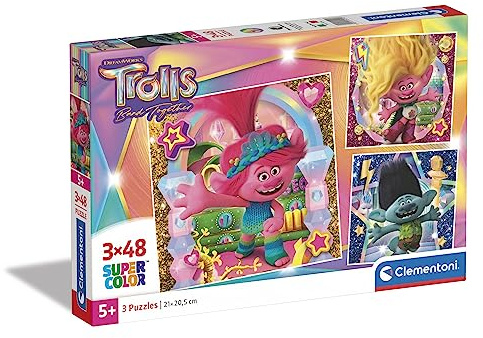 Clementoni - 25292 - Supercolor Puzzle - Trolls 3-3 Puzzle mit 48 Teile Ab 5 Jahren, Buntes Kinderpuzzle Mit Besonderer Leuchtkraft & Farbintensität, Geschicklichkeitsspiel Für Kinder