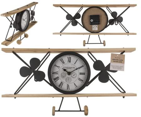 Out of the blue Flugzeug-Uhr, Vintage Look, aus schwarzem Metall und Holz, ca. 47 x 24,5 x 4,5 cm