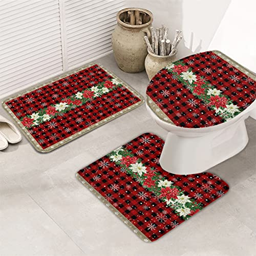 Alfombrillas De Baño Conjuntos 3 Piezas Flor De Nochebuena Floreciente De Navidad De Invierno Alfombra De Baño Lavables Alfombra De Pedestal para Dormitorio, Casa, Bañera