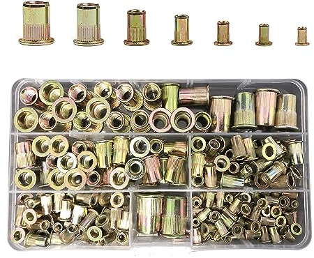 Kit di 195 dadi per rivetti, set di rivetti filettati, rivetti in acciaio al carbonio zincato, assortimento di dadi ciechi per metallo, legno, alluminio (M3/M4/M5/M6/M8/M10/M12)