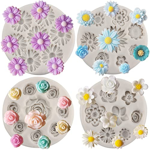 MYPRACS Lot De 4 Moules En Silicone En Forme De Fleur De Marguerite De Fondant De Fleur De Plumeria De Bonbons Pour Décoration De Cupcake Décoration De Gâteaux Pâte à Gomme Au Chocolat Argile Polymère