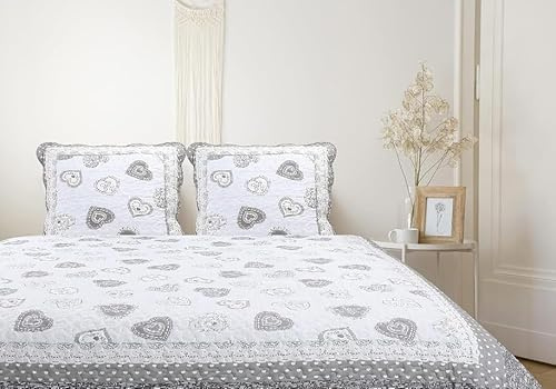 Autrefois Frenchy Gris Boutis Patchwork 230x250 cm avec 2 Taies d'oreiller 65x65 cm, Couvre-lit Matelassé 2 Personnes, Dessus de lit Motifs Cœurs