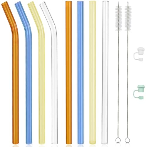 Tarocat 31 cm Wiederverwendbare Strohhalme Glasstrohalme, 8 Stück Glasstrohhalme Wiederverwendbar Trinkhalm, Glasstrohhalme, Glastrinkhalme für Trinkflaschen (Bunt, 4 Gerade, 4 Gebogen)