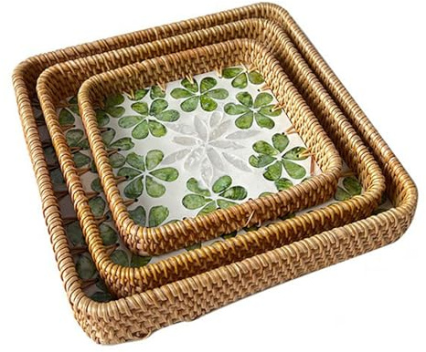 Rattan Shell Tray Set of 3, Square Rattan Woven Basket Tray, Handmade Rattan Shell Colorful Storage Square Tray, Boho Wicker Rattan Woven Basket for Fruit Jewelry Plate Dinner Serving Tray (#4)