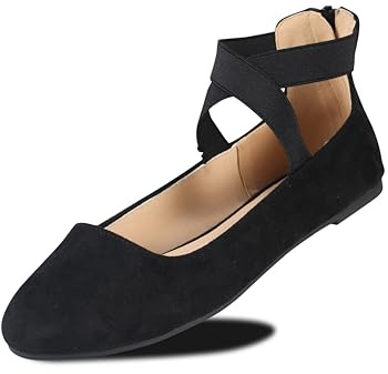 EMMA NEW YORK Ankle Strap Flats for Women, Women Flat Ballerina Shoes, Women's Ballet Flats with Strap (Su Black, 9)