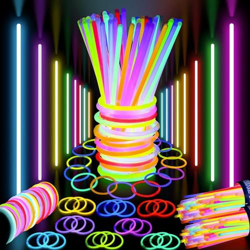 Premium Christmas Party Glow Sticks for Kids- 100 Pc Glow in the Dark Sticks with Connectors- 8 inch Glow Sticks Bulk Pack- Glow Neon Bracelets- Ultra Bright Party Supplies- Christmas Party - 100 Pack
