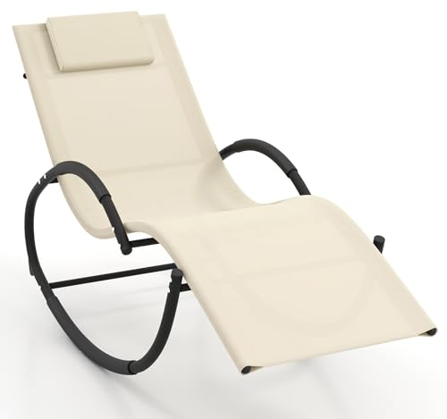 COSTWAY Schaukelliege mit Abnehmbarer Kopfstütze, Sonnenliege, Liegestuhl, ergonomische Schwingliege, Gartenliege bis 160 kg belastbar, Relaxliege für Garten, Terrasse (Beige)