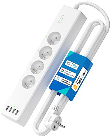 Intelligente Steckdosenleiste (Typ E), 16 A, WLAN-Steckdose, kompatibel mit Apple HomeKit, Alexa und Google Home (4 AC-Steckdosen und 4 USB-Ports), intelligente Steckdosenleiste mit Sprachsteuerung