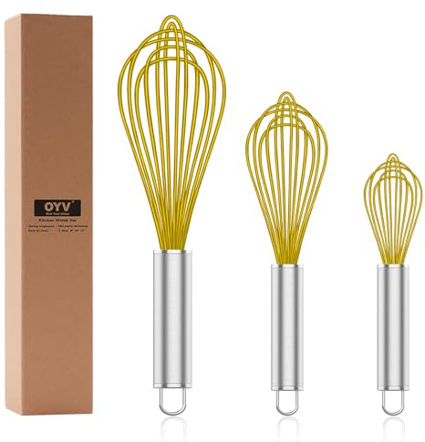 OYV Yellow Silicone Whisk Set of 3, 8/10/12 Inch, Non-Scratch | BPA-Free Silicone, Heat Resistant Up to 480°F, Stainless Steel Core, Dishwasher Safe, Nonstick-Safe