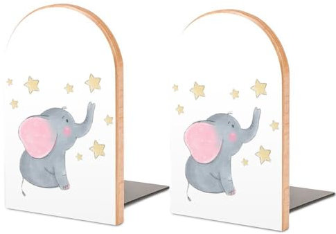 Moderne modische Buchstütze, Premium-Holz + Metall, L-Form, dekorative Buchstütze, Buchstütze für Bücherregal, Schreibtisch, Klassenzimmer, Dekoration, niedlicher Elefant, Stern