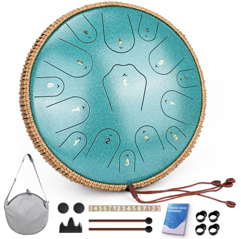 Steel Tongue Drum-14 Inch 15 Notes Tongue Drums, Steel Drum Instrument for Adults, Handpan Drums with Music Book, Handpan Drum Mallet, and Carry Bag, C Major (Malachite Green)