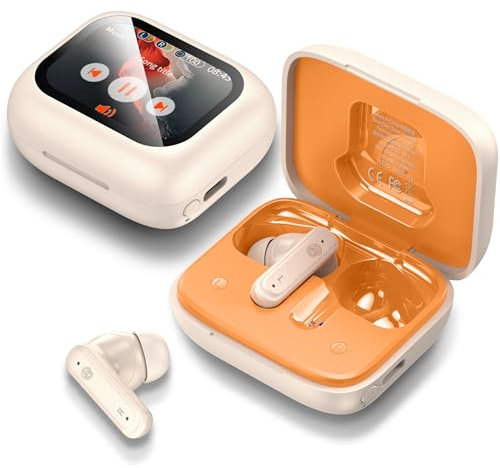 THREE PEACHES Écouteurs Bluetooth, intra-auriculaires, sans fil, Bluetooth 5.4, avec micro à réduction du bruit ENC, avec écran tactile pour iPhone et Android, beige