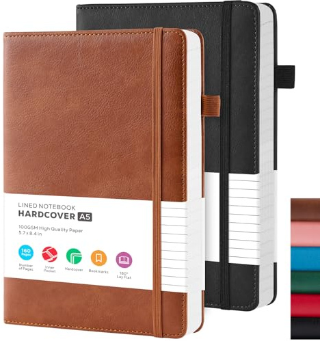 FOCUS DAY Notizbuch A5 Hardcover, 2 Stück, Leder-Notizbuch, Tagebuch für die Arbeit, Notizbuch mit 100 g/m² liniertem Papier, kein Verlaufen, für Büro- und Schulbedarf, 14,5 x 21,3 cm, Braun und