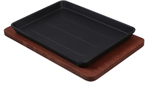 Garneck Heavy Duty Cast Iron Steak Pan Wooden Base Electric Griddle Pan for Fajita Teppanyaki Cooking