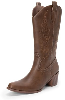 DREAM PAIRS Women's Square Toe Cowboy Cowgirl Boots Embroidered Mid Calf Western Boots Fashion Dress Low Chunky Heel Boots for Theme Party Country Concert,Size 9,Brown-Pu,DWUMMB2502