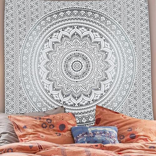 FURNISHFUL FINESSE Wandteppich, Mandala Ombre, Grau, 127 x 152 cm | Dekorative Baumwoll-Wanddecke für Wohnzimmer, Schlafzimmer oder Boho-Räume; vielseitig als Wandbehang und Heimdeko.