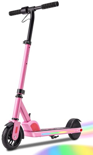 Caroma E-skoter för barn, 6–14 år, 150 W motor, 16 km/h, justerbar hastighet och höjd, färgglada lampor, LED-display (rosa)
