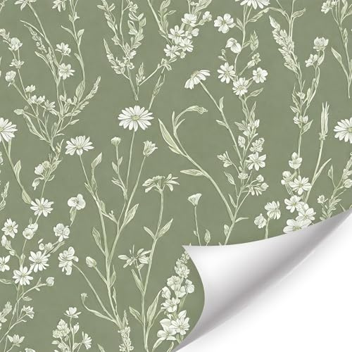 CHDITB Wallpaper Green Peel and Stick,Vintage Flower Wallpaper,Green Plants Stickers(44x300cm) Floral Wall Paper Self Adhesive,Light Botanical Stickers for Living Room Bedroom Wall Cabinets Furniture