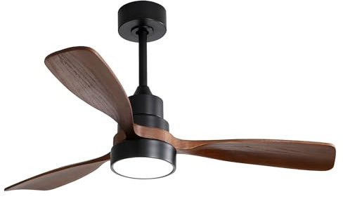 ComfortXL Ventilateur de plafond 122 cm avec 3 pales en bois massif, moteur DC réversible, télécommande, pour salon, couleur bois noyer/noir