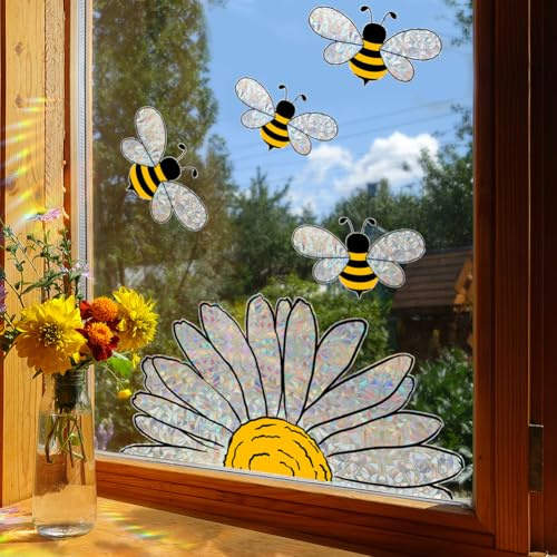GORGECRAFT 2 Sheets Bee Daisy Decals Rainbow Reflection Bird Clings Anti Collision Window Suncatcher Stickers Non Adhesive Prismatic Vinyl Glass Decals for Preventing Bird Strikes Window Decor