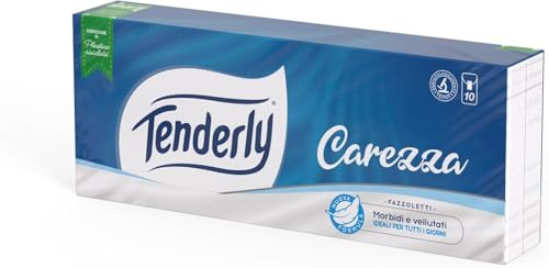 Fazzoletti Tenderly Carezza, 80 Pacchetti da 9 Fazzoletti a 3 Veli, Morbidi e Delicati, Ideali per l'uso Quotidiano, Dermatologicamente Testati, 100% Made in Italy, 8 Confezioni da 10 Pacchetti