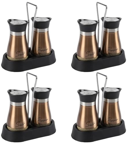 HZPZPP Salt and Pepper Sets, Salt and Pepper Shakers Set – Set of 8 Glass Salt Shakers with Stainless Steel Lids and Holders for Wedding Table, Buffet, Dinner Parties, Catering and Restaurant (Gold)