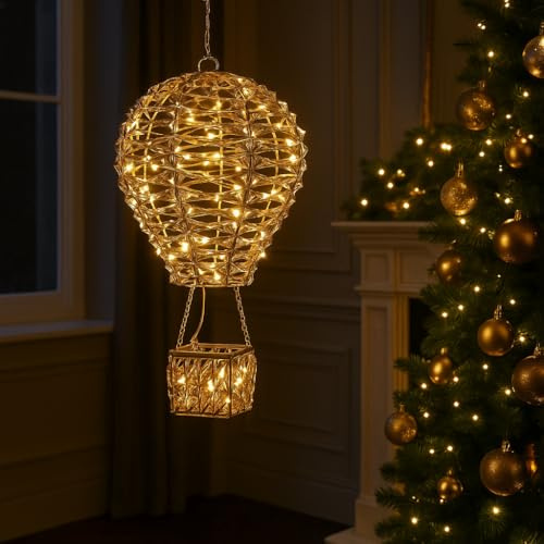 Marco Paul Gold Hanging Hot Air Balloon Christmas Light - Large 50cm Festive Light Up Decoration with Warm White LED Lights Mains Powered Indoor Outdoor Christmas Decorations