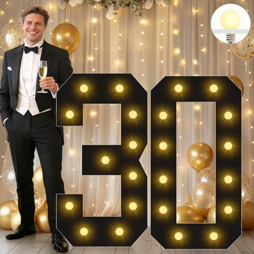 Vimlits Large 4FT Light Up Numbers Birthday Decoration, Black Marquee Number Sign for 30th Party Anniversary Backdrop Wedding Big Mosaic Number Frame Foam Cardboard Pre-cut Number 30